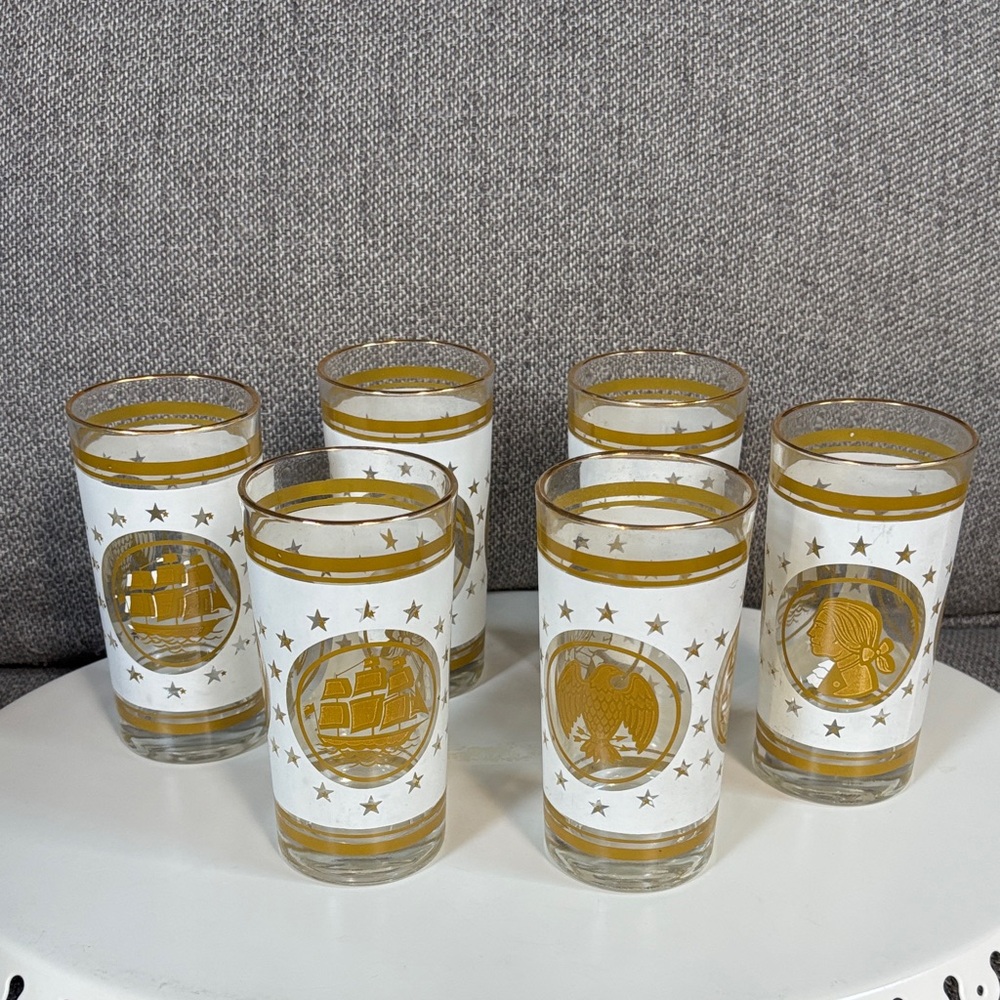 Vintage set of 6 mid-century Libby Early American highball gold & white tumblers